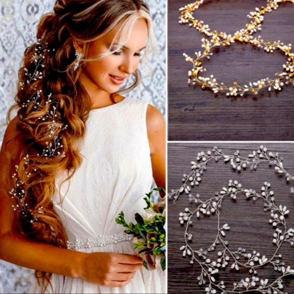 Stunning Pearl, Crystal & Gold Wire Hair Garland